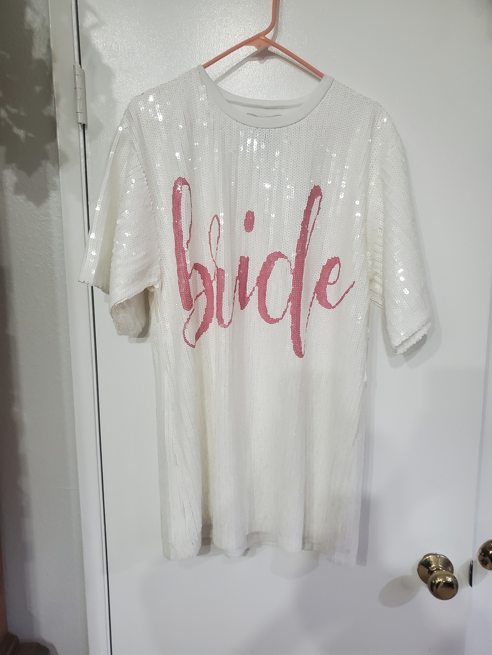 Forever 21 White Sequin Tee with Pink 'Bride' Script Size S/M